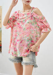 Simple Pink Cold Shoulder Print Chiffon Top Summer