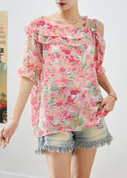 Simple Pink Cold Shoulder Print Chiffon Top Summer