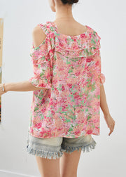 Simple Pink Cold Shoulder Print Chiffon Top Summer