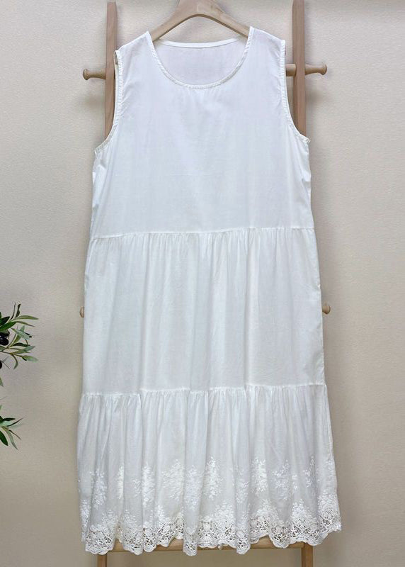 Simple Pink Embroideried Hollow Out Cotton Dress Sleeveless