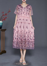 Simple Pink Embroidered Tulle Maxi Dresses Summer