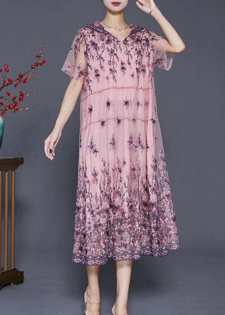 Simple Pink Embroideried Tulle Maxi Dresses Summer