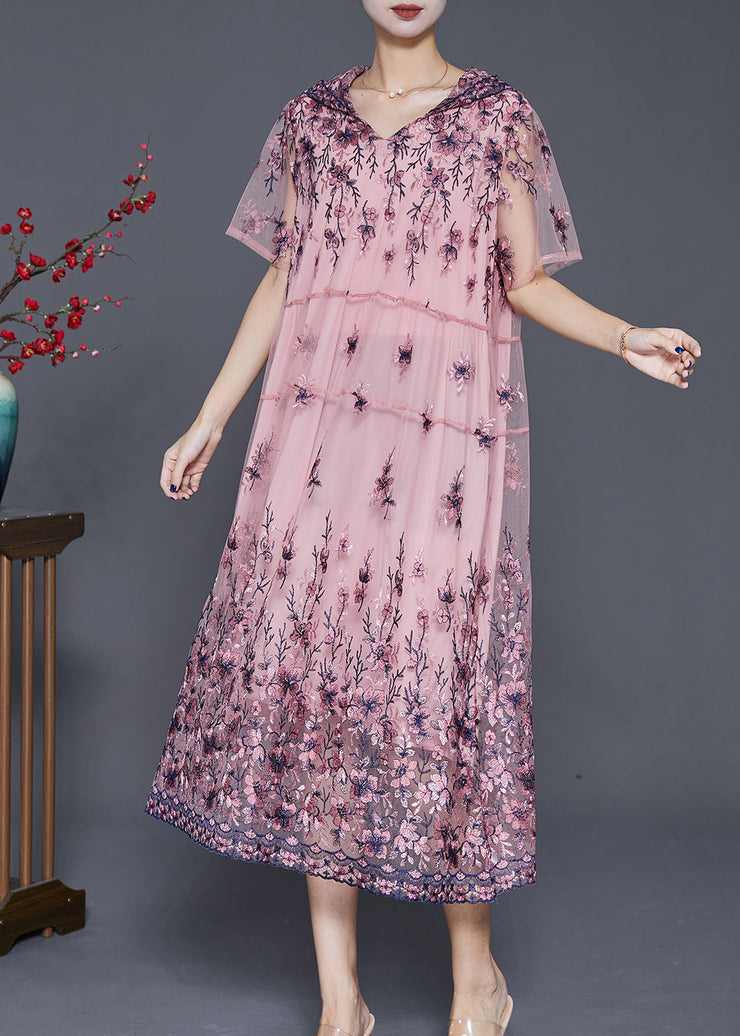 Simple Pink Embroidered Tulle Maxi Dresses Summer