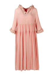 Simple Pink Floral Wrinkled Hoold Silk Maxi Dresses Flare Sleeve