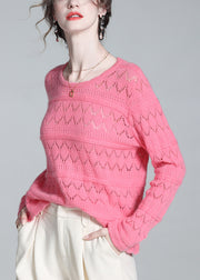 Simple Pink Hollow Out Solid Wool Knit Sweater Winter