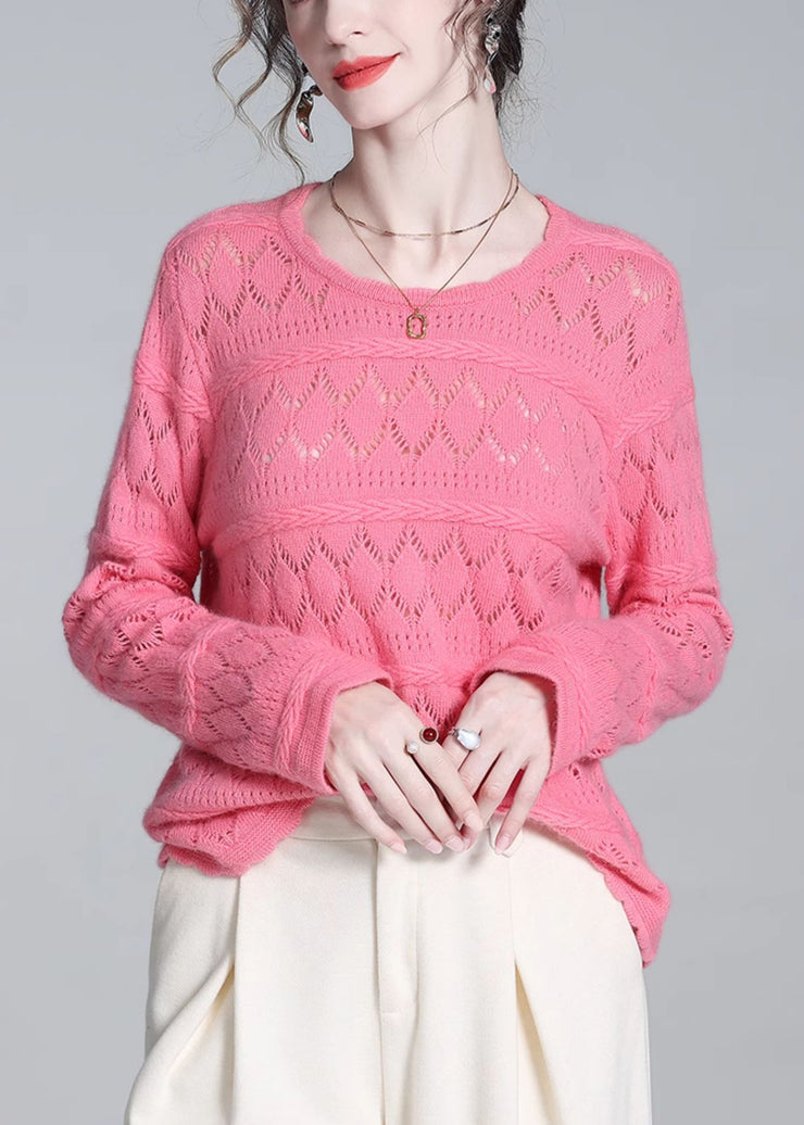 Simple Pink Hollow Out Solid Wool Knit Sweater Winter