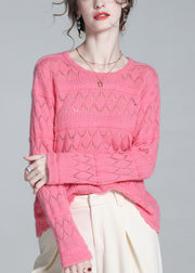 Simple Pink Hollow Out Solid Wool Knit Sweater Winter