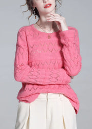 Simple Pink Hollow Out Solid Wool Knit Sweater Winter