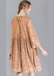 Simple Pink Khaki O-Neck Solid Color Lace Party Dresses Bracelet Sleeve