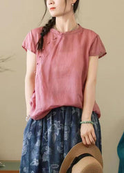 Simple Pink O-Neck Button Solid Cotton Shirt Summer