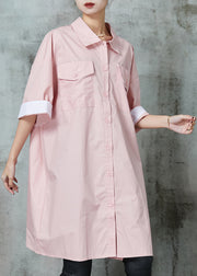 Simple Pink Oversized Cotton Shirt Dress Spring