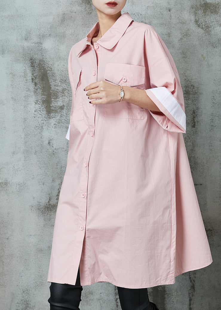 Simple Pink Oversized Cotton Shirt Dress Spring