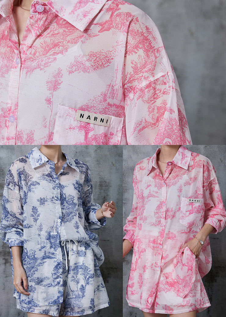 Simple Pink Oversized Print Chiffon Two Pieces Set Summer