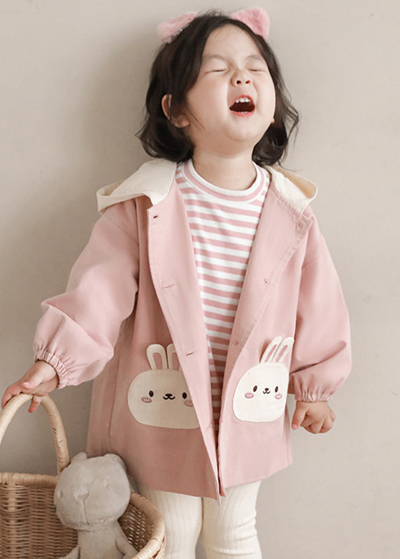 Simple Pink Print Button Girls Hooded Coat Fall