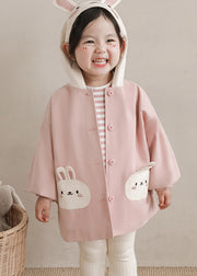 Simple Pink Print Button Girls Hooded Coat Fall