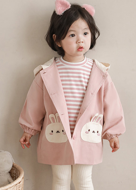 Simple Pink Print Button Girls Hooded Coat Fall