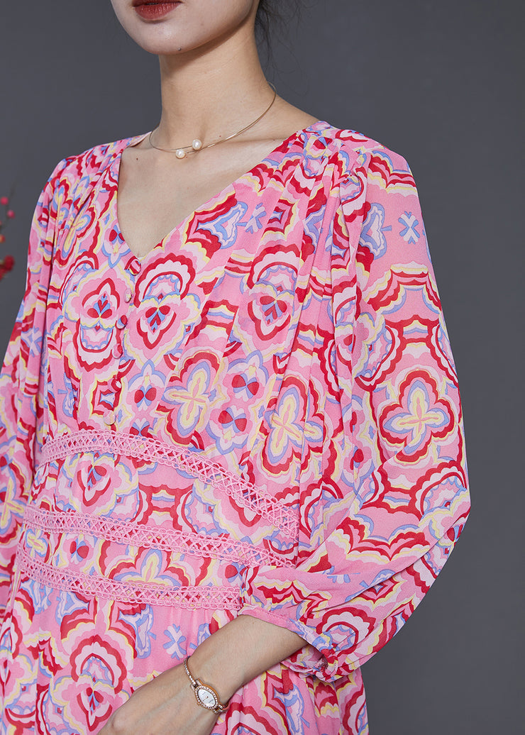 Simple Pink Print Silm Fit Chiffon Dresses Summer