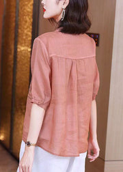 Simple Pink Ruffled Embroidered Patchwork Linen Tops Summer