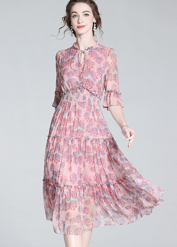 Simple Pink Ruffled Print Patchwork Silk Mid Dress Summer