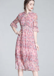 Simple Pink Ruffled Print Patchwork Silk Mid Dress Summer