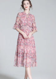 Simple Pink Ruffled Print Patchwork Silk Mid Dress Summer