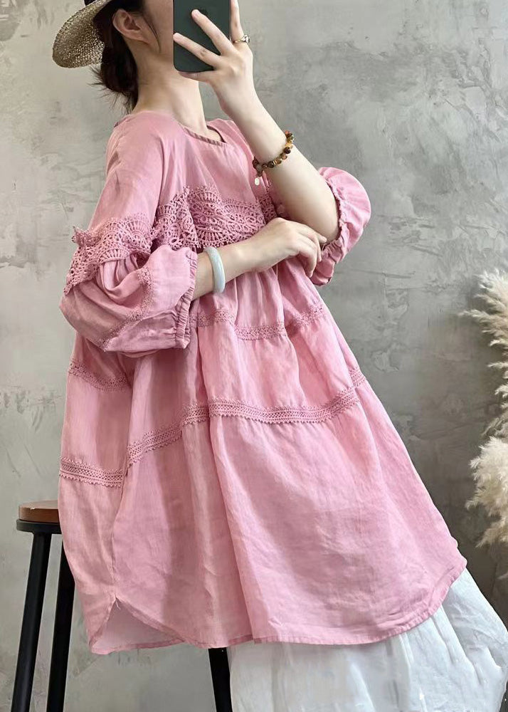 Simple Pink Solid Lace Up Cotton T Shirt Long Sleeve