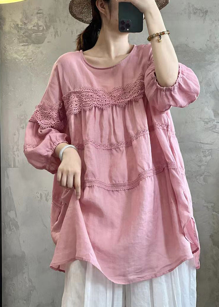 Simple Pink Solid Lace Up Cotton T Shirt Long Sleeve