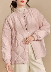 Simple Pink Stand Collar Button Pockets Parkas Winter