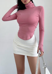 Simple Pink Turtleneck Solid Thick Cotton T Shirts Fall