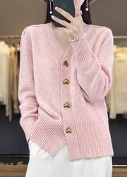 Simple Pink V Neck Button Cozy Knit Coat Spring