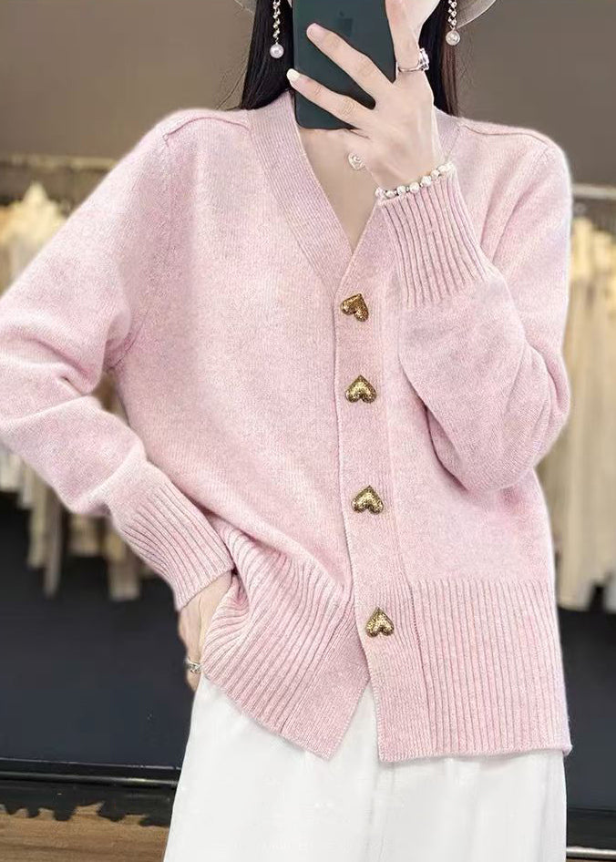 Simple Pink V Neck Button Cozy Knit Coat Spring