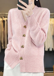 Simple Pink V Neck Button Cozy Knit Coat Spring