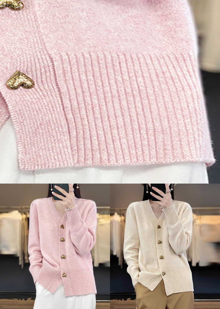 Simple Pink V Neck Button Cozy Knit Coat Spring