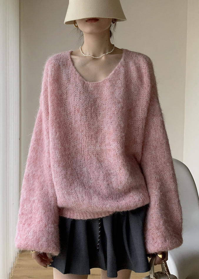 Simple Pink V Neck Cozy Cotton Knit Sweaters Winter