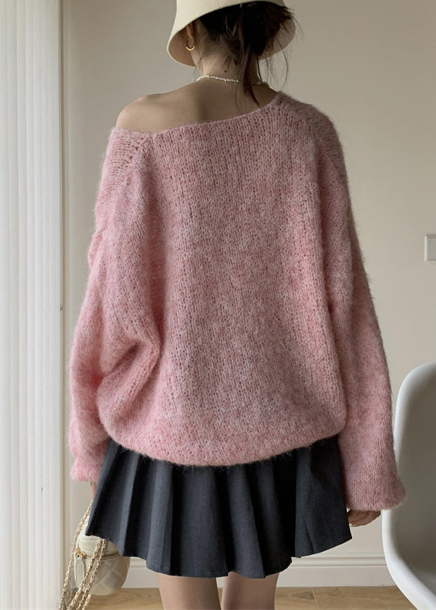 Simple Pink V Neck Cozy Cotton Knit Sweaters Spring