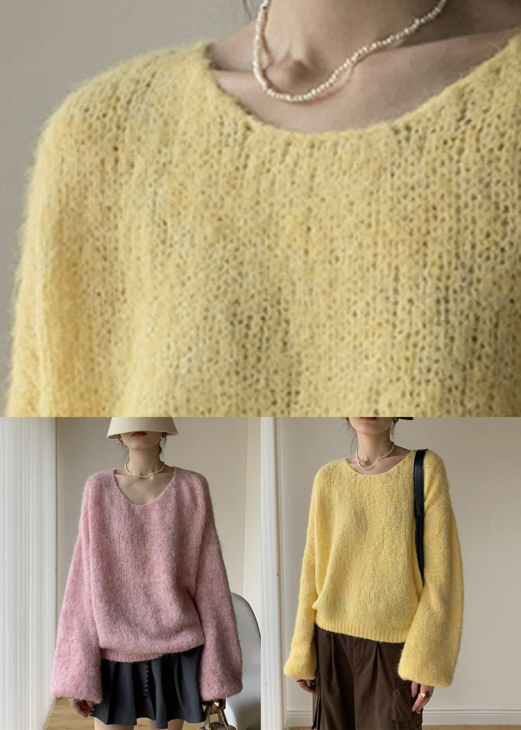 Simple Pink V Neck Cozy Cotton Knit Sweaters Spring