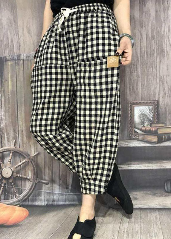 Simple Plaid Pocket Patchwork Cotton Crop Pants Summer