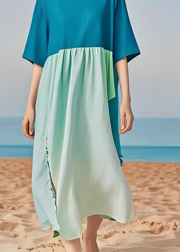 Simple Plus Size Colorblock O Neck Cotton Long Dress Summer