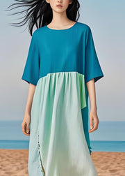 Simple Plus Size Colorblock O Neck Cotton Long Dress Summer