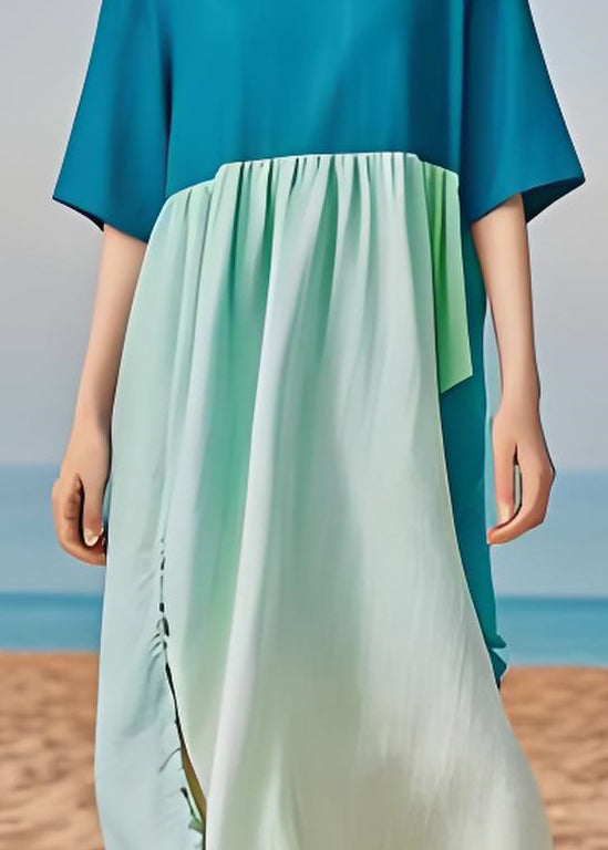 Simple Plus Size Colorblock O Neck Cotton Long Dress Summer