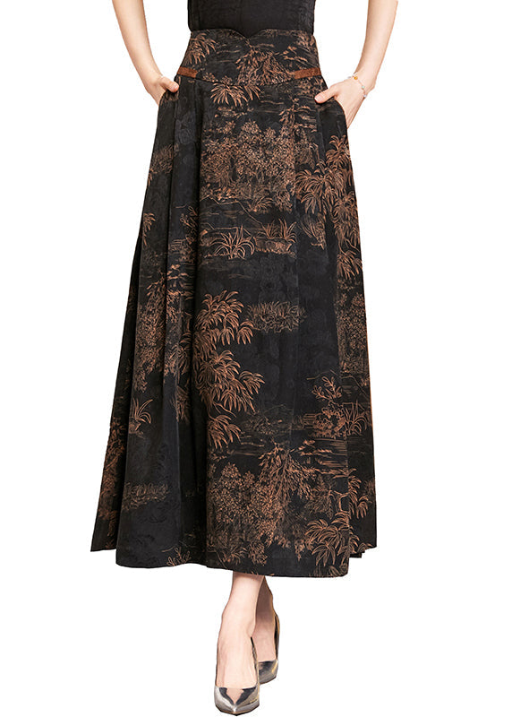 Simple Pockets Print High Waist Silk Maxi Skirt Fall