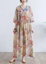 Simple Print V Neck Floral Summer Tie Waist Long Dresses Half Sleeve - SooLinen