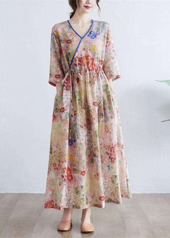 Simple Print V Neck Floral Summer Tie Waist Long Dresses Half Sleeve - SooLinen