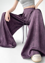 Simple Purple High Waist Ice Silk Wide Leg Pants Summer