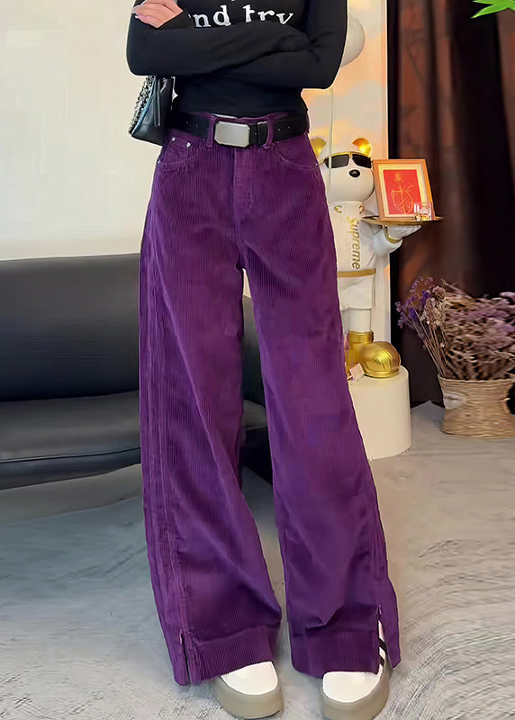 Simple Purple High Waist Side Open Corduroy Straight Pants Spring