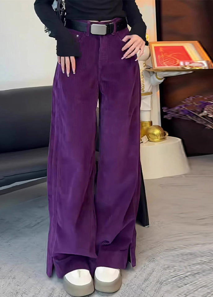 Simple Purple High Waist Side Open Corduroy Straight Pants Spring