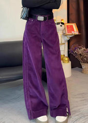 Simple Purple High Waist Side Open Corduroy Straight Pants Spring