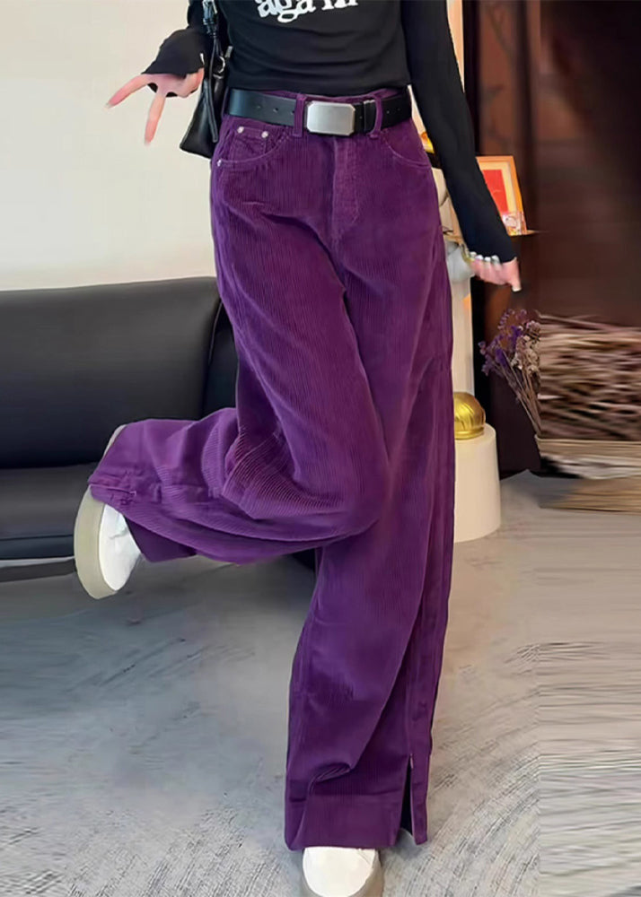 Simple Purple High Waist Side Open Corduroy Straight Pants Spring