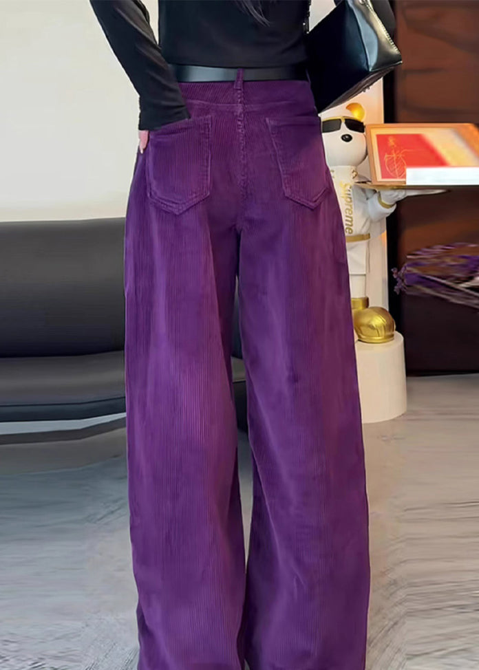 Simple Purple High Waist Side Open Corduroy Straight Pants Spring