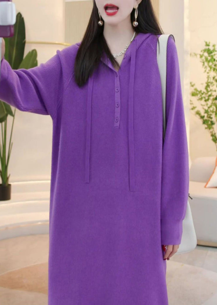 Simple Purple Hooded Button Solid Knit Sweater Dress Winter